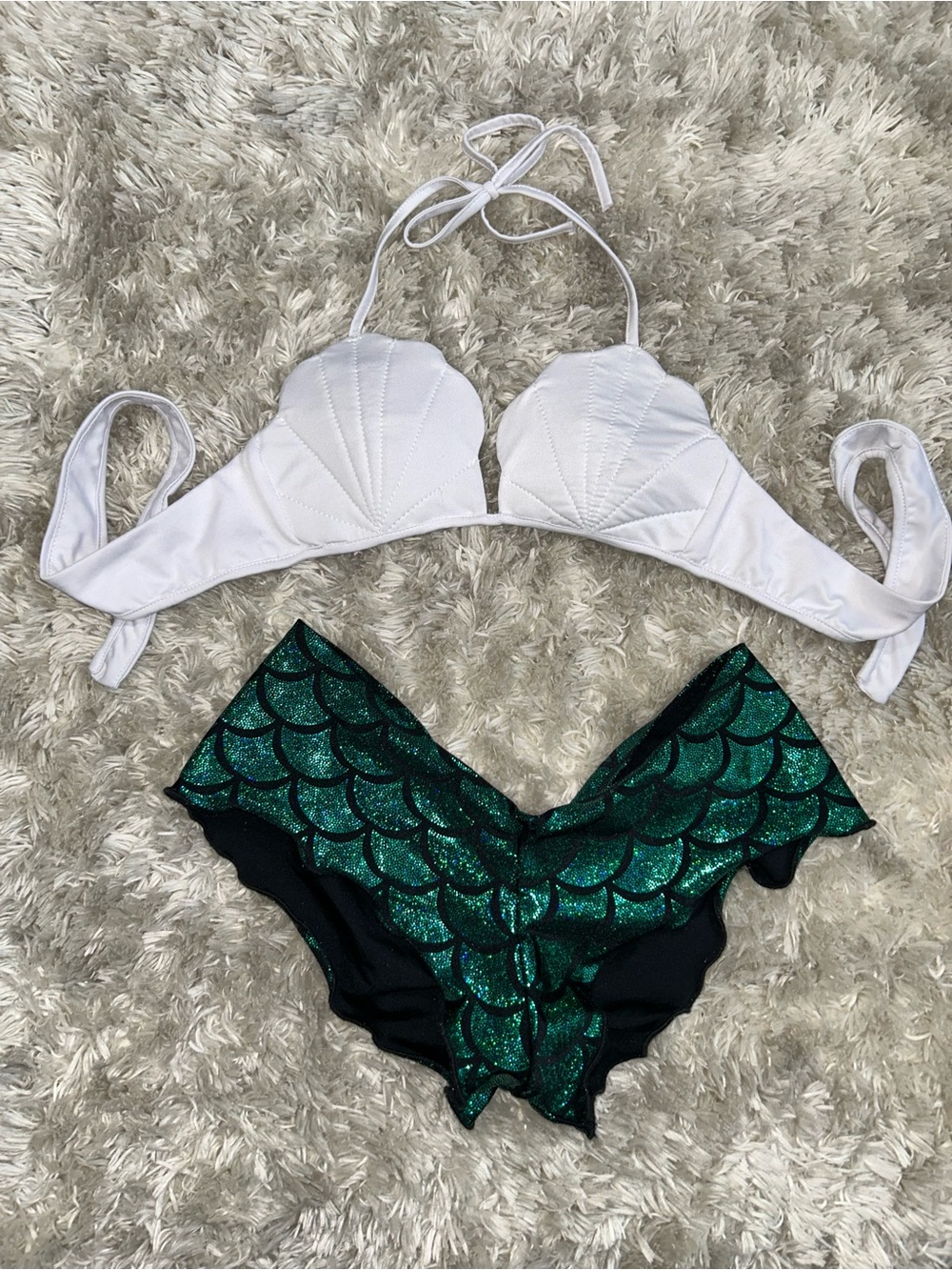 White Shell-Style Bikini Top with Green Glitter Mermaid Bottoms - Kids Swim